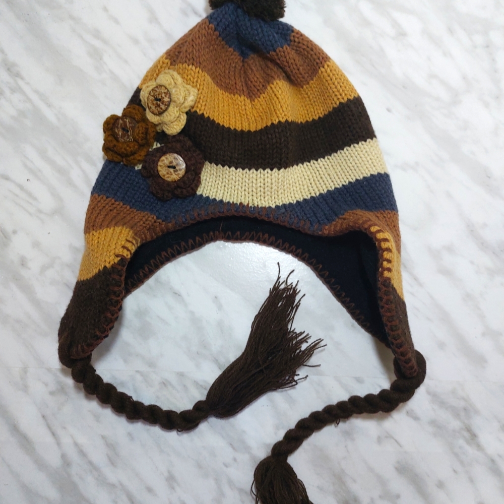 ❄️ Unique striped brown ear flap  Beanie - One of a Kind! ❄️